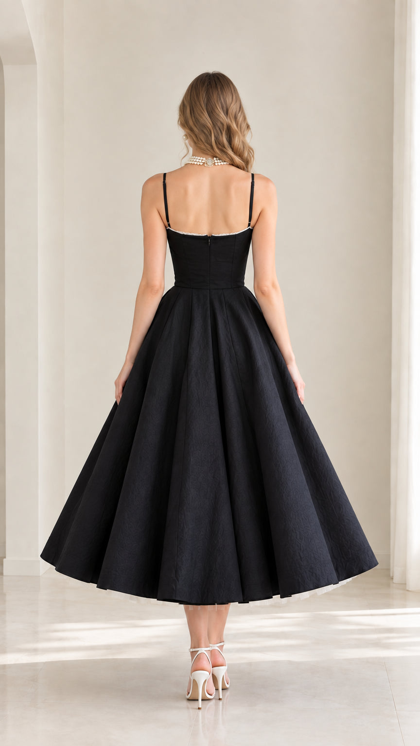 Back view of model showing black corset bodice and pleated midi swing skirt