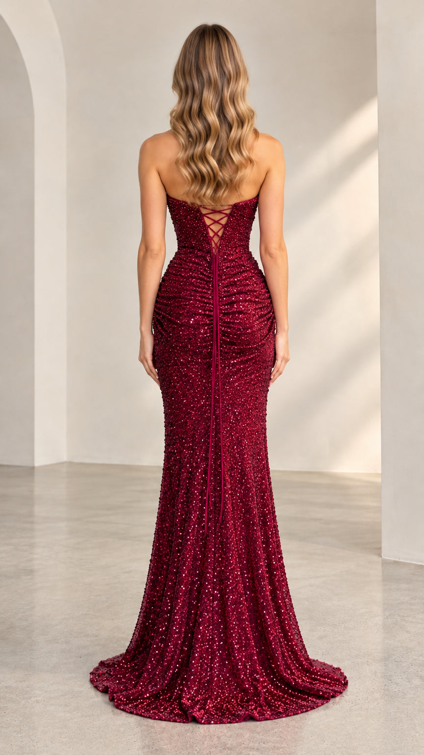 Rear view of woman in burgundy sequin gown showing adjustable lace-up corset back and train