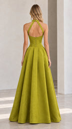 Back full-length view displaying open cutout back and floor-length pleated skirt