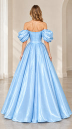 Back view of light blue off-shoulder satin evening gown showing back bodice zipper