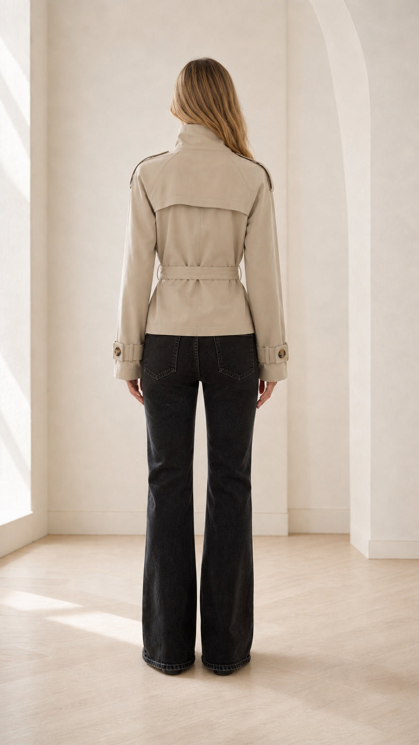 Back view of beige short trench jacket showing back yoke storm flap