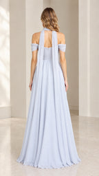 Back view of light blue formal gown showing trailing back scarf streamers