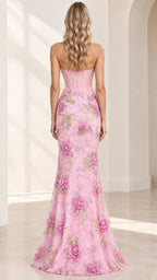 Back view of woman wearing pink strapless boned corset gown with floral embroidery