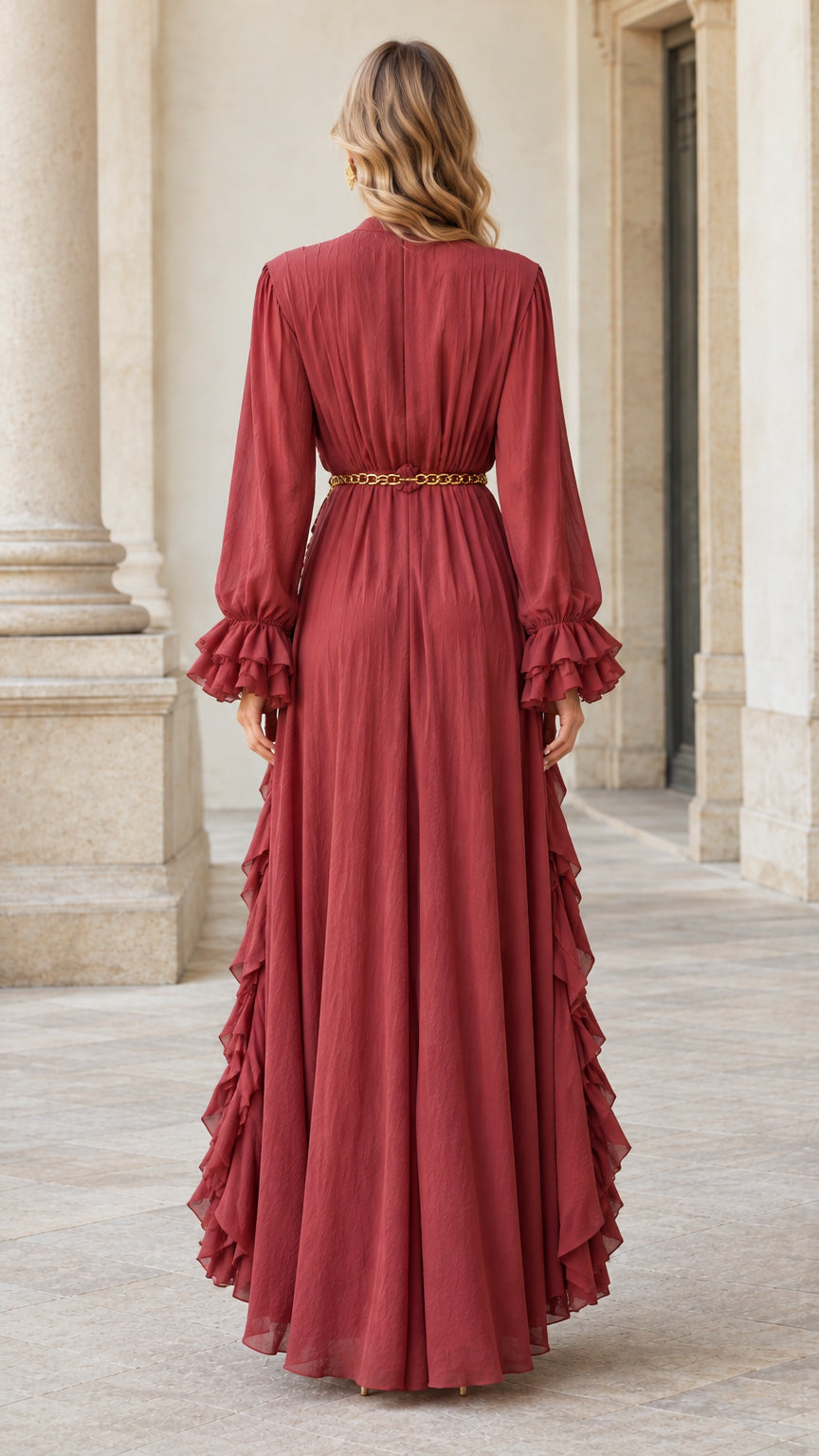 Back full-length view of rust red long sleeve pleated maxi dress with ruffled cuffs
