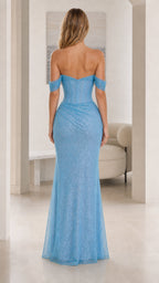 Model wearing sky blue corset back floor-length formal dress