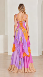 Back view of model in multicolor spaghetti strap evening gown