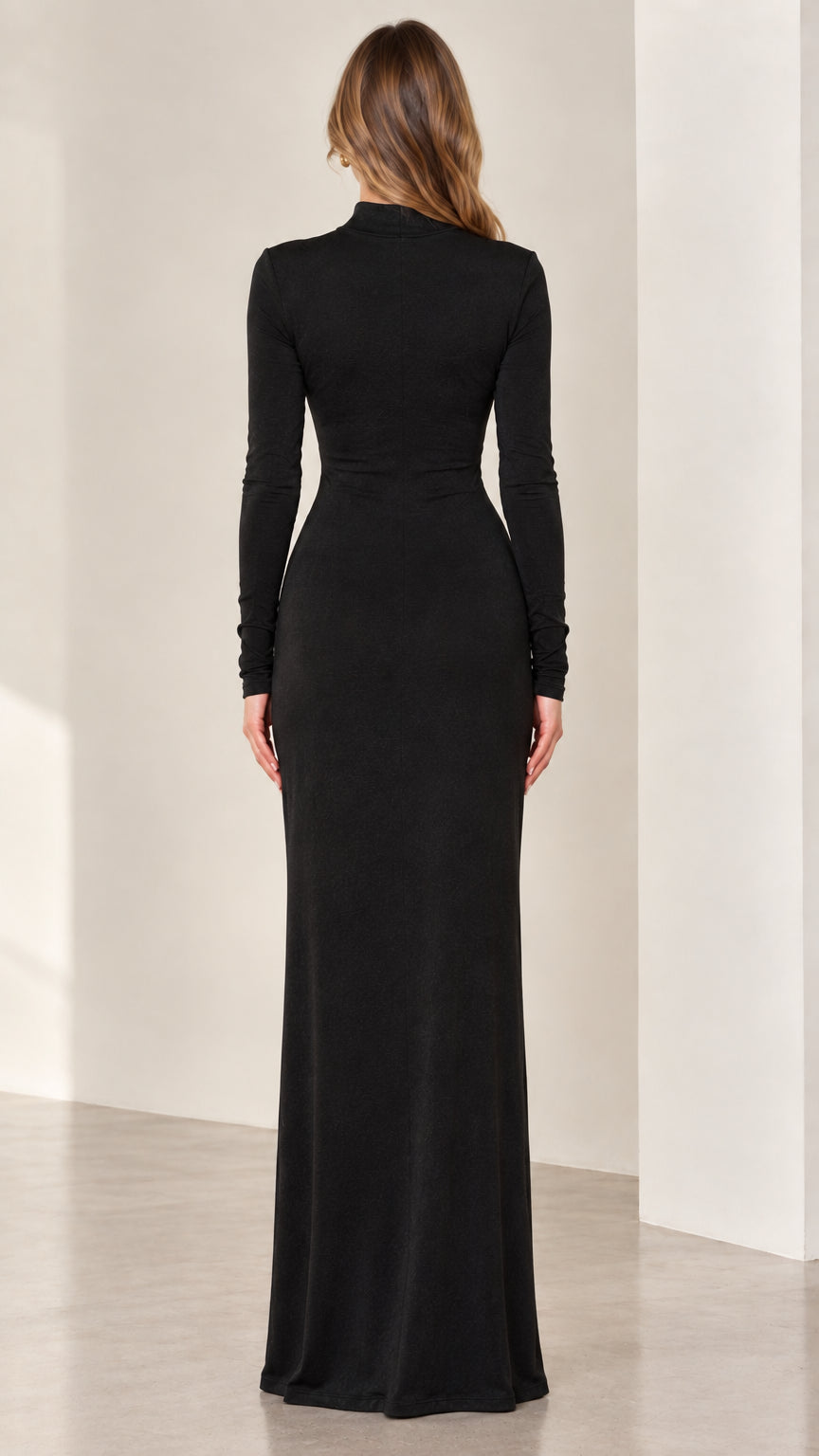 Rear view of model wearing full-length black mock neck dress