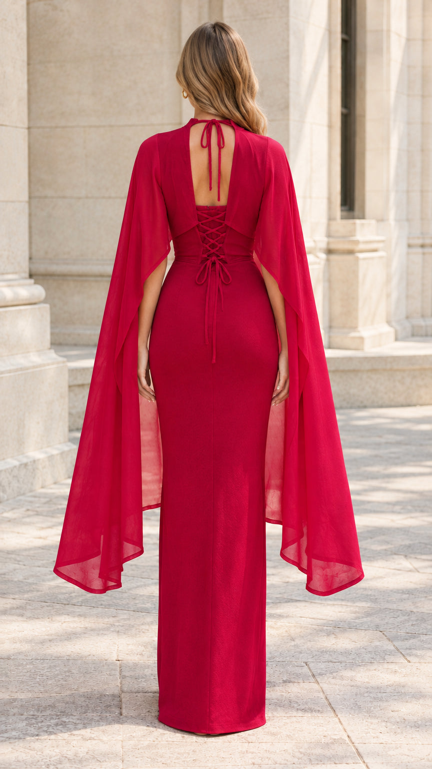 Back view of woman wearing a red cape evening dress featuring a lace-up corset and keyhole tie back