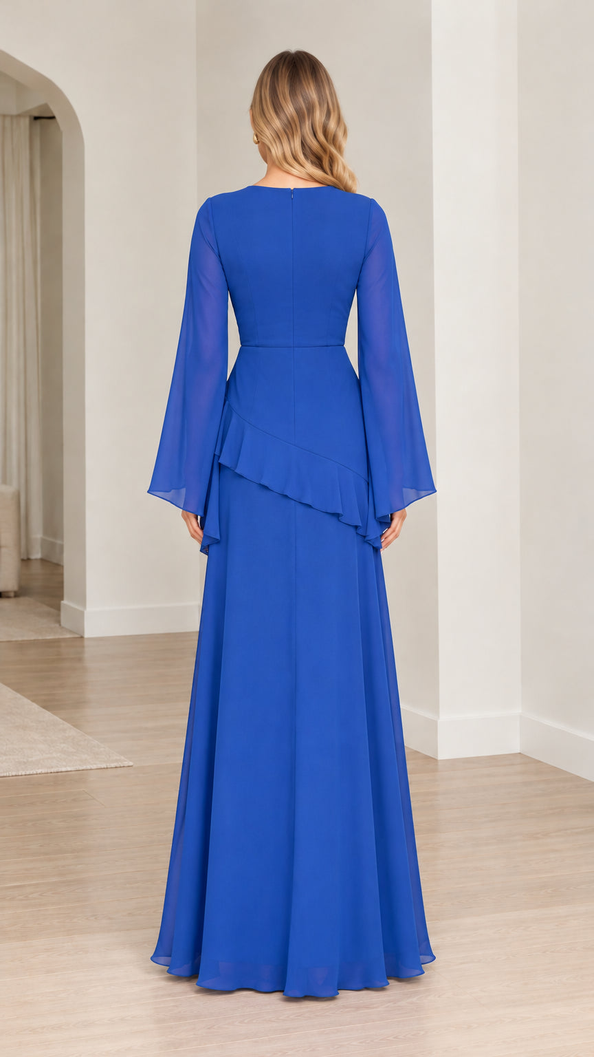 Back full-length view of royal blue bell sleeve evening gown with back zipper