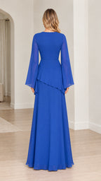 Back full-length view of royal blue bell sleeve evening gown with back zipper