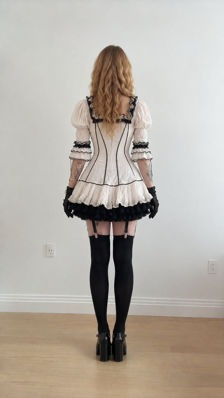 Back view of woman wearing white puff sleeve ruffle mini dress