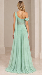 Back view of sage green flowing tulle evening dress showing shoulder drape