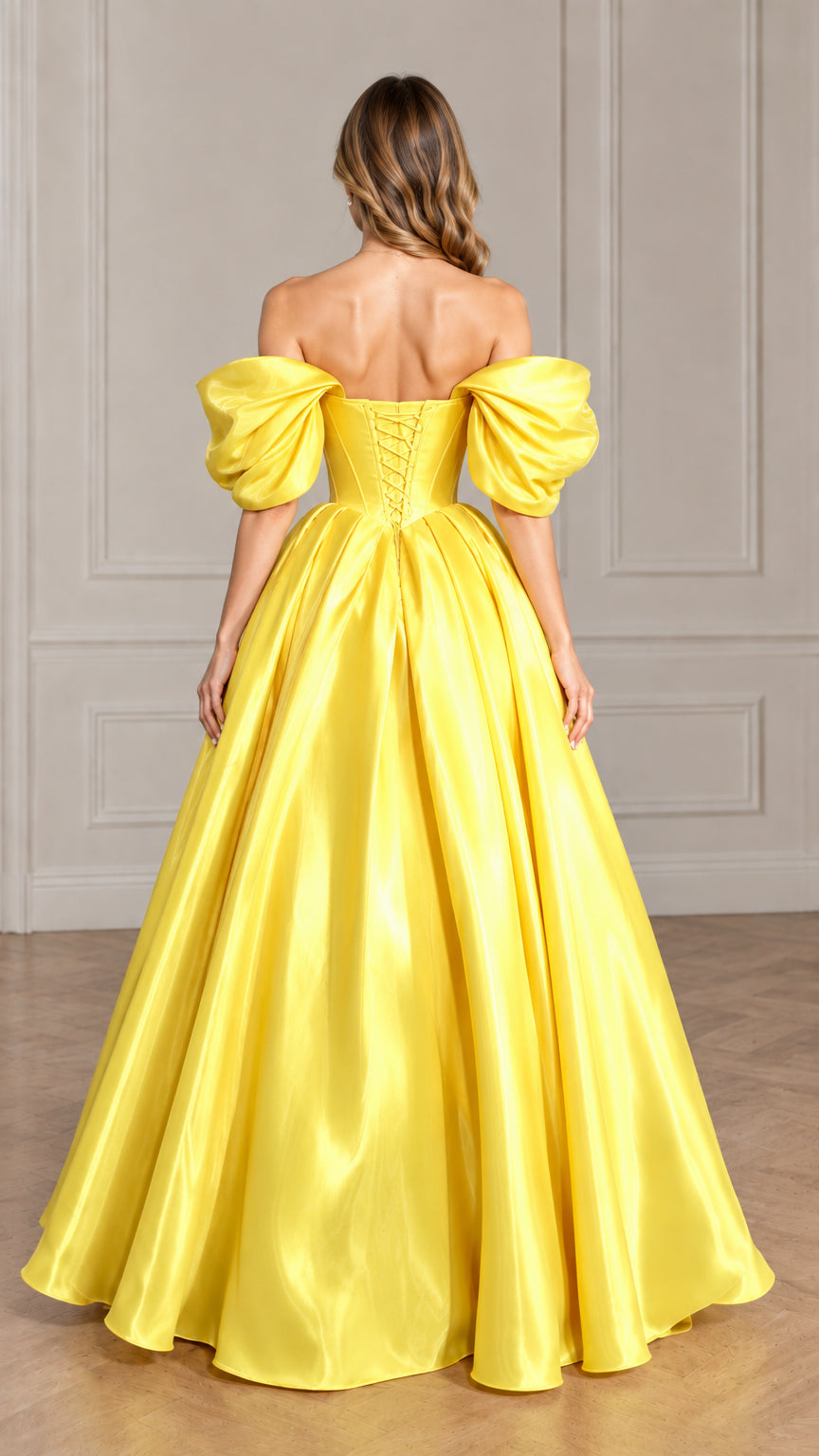 Back view of yellow satin ball gown displaying the lace-up corset back detail
