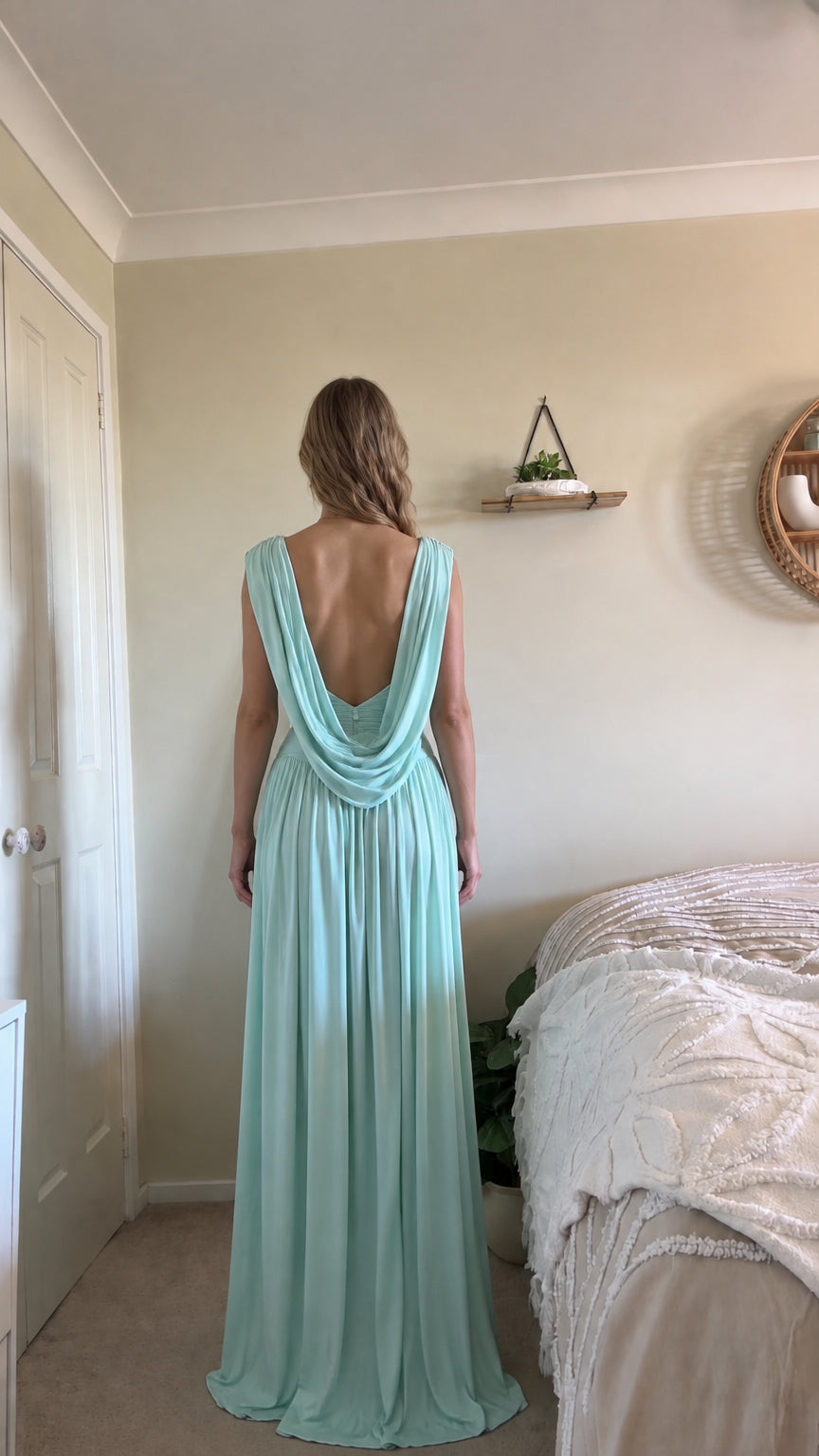 Back view of mint green evening dress highlighting low cowl draped open back detail