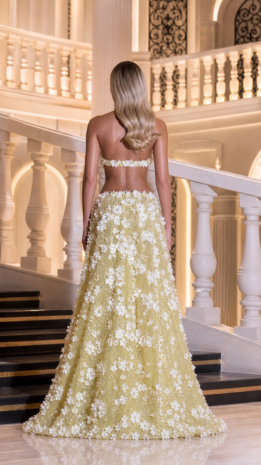 Back view of chartreuse open back 3D floral applique evening gown