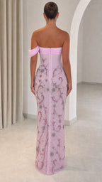 Back view of pink strapless evening dress with delicate beadwork