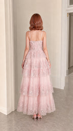 Blush Pink Sequined Tiered Tulle Maxi Evening Gown Back View