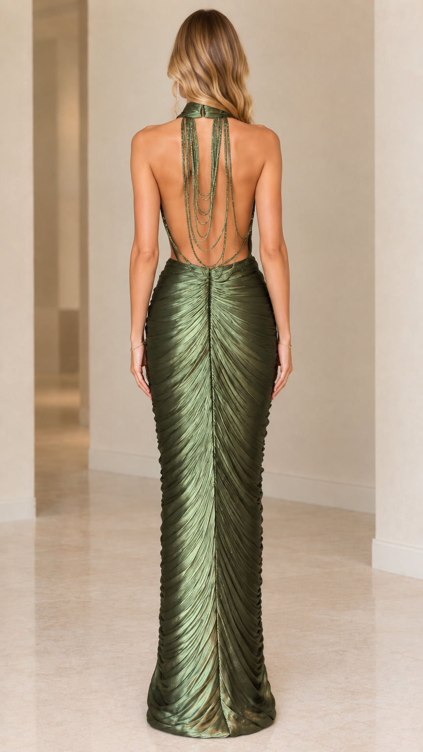 Olive green open back evening dress with cascading neck ties