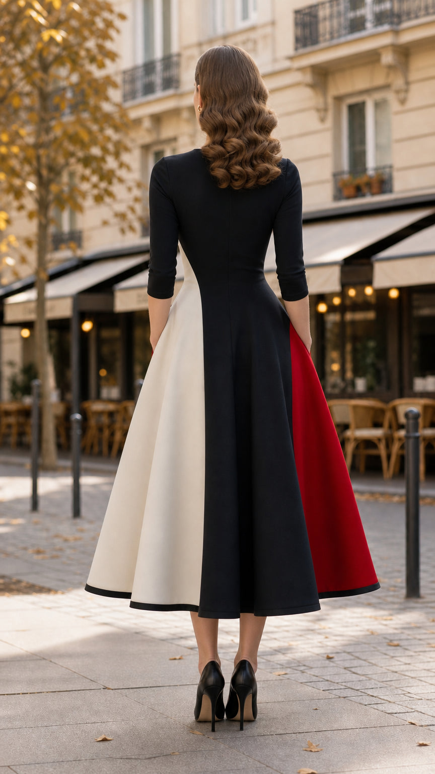 Back view of woman wearing Black colorblock flared midi dress in an urban setting
