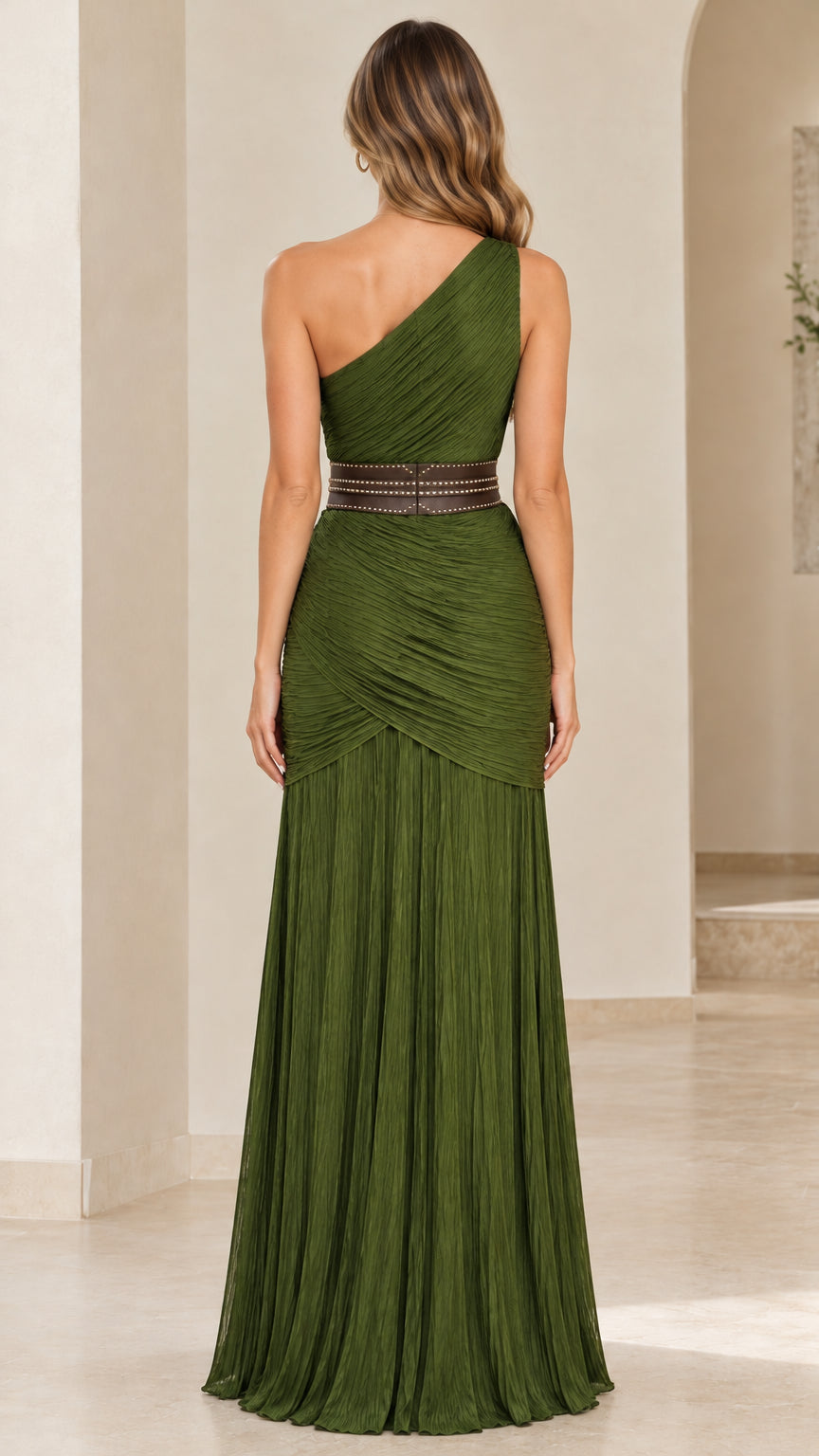 Back view of model wearing olive green one-shoulder pleated maxi dress showing draped back