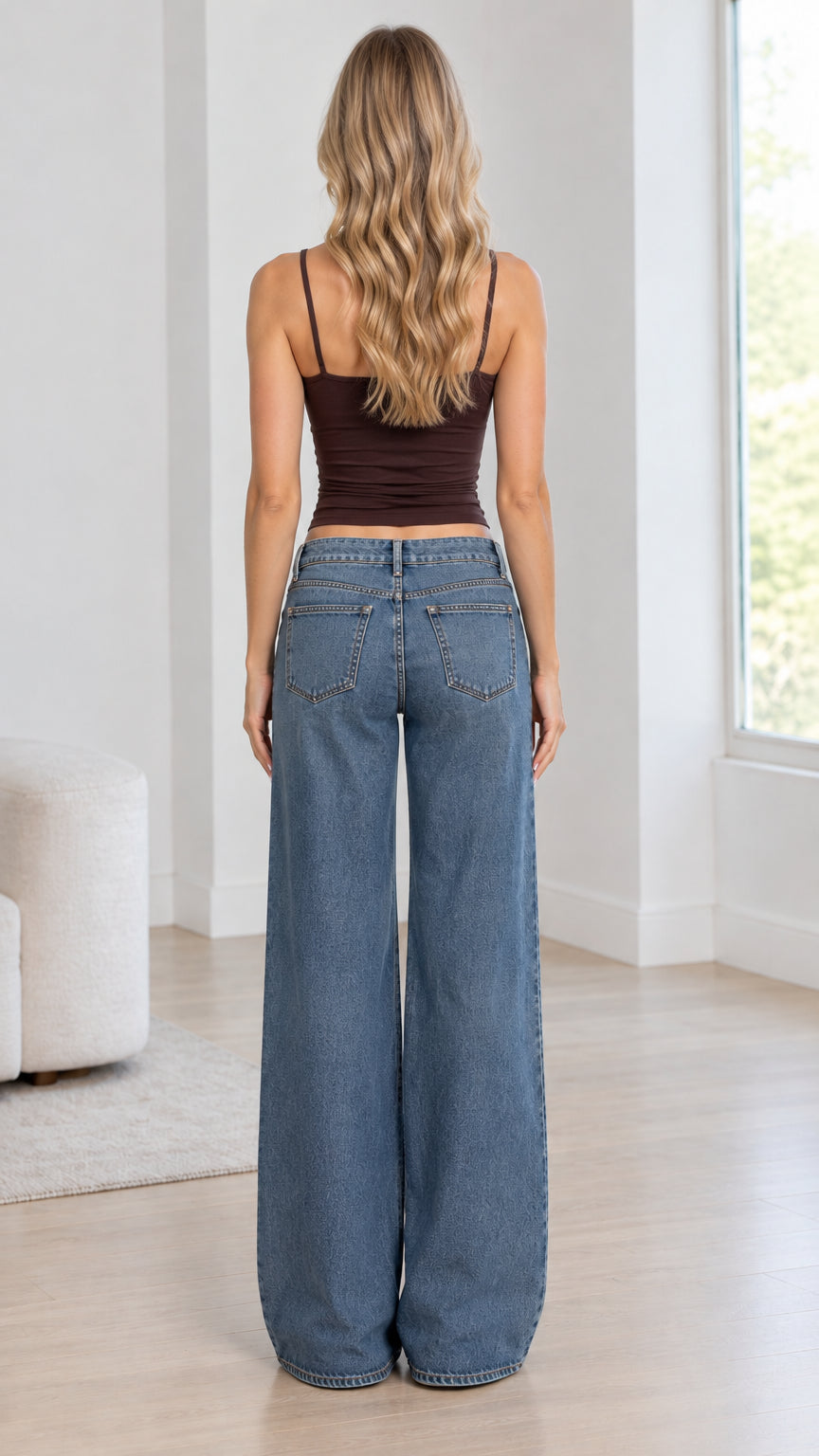 Back view of model wearing brown cami top and medium wash denim jeans