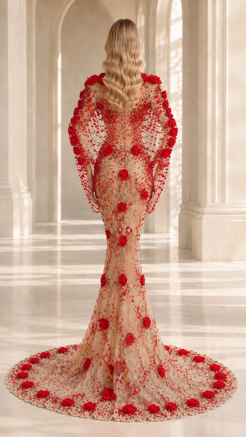 Back view of sheer beaded gown featuring trailing floral circular train
