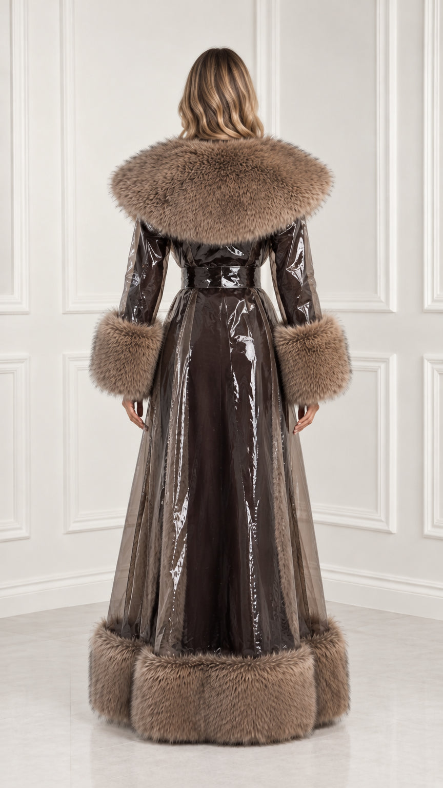Rear view of woman wearing belted taupe brown glossy maxi coat with faux fur collar and wide hem