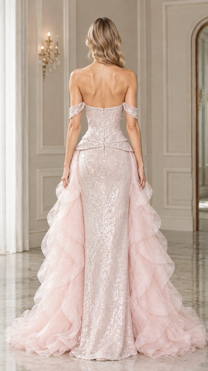 Rear view of Blush Pink formal mermaid dress showcasing back zipper and dramatic train