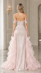 Rear view of Blush Pink formal mermaid dress showcasing back zipper and dramatic train
