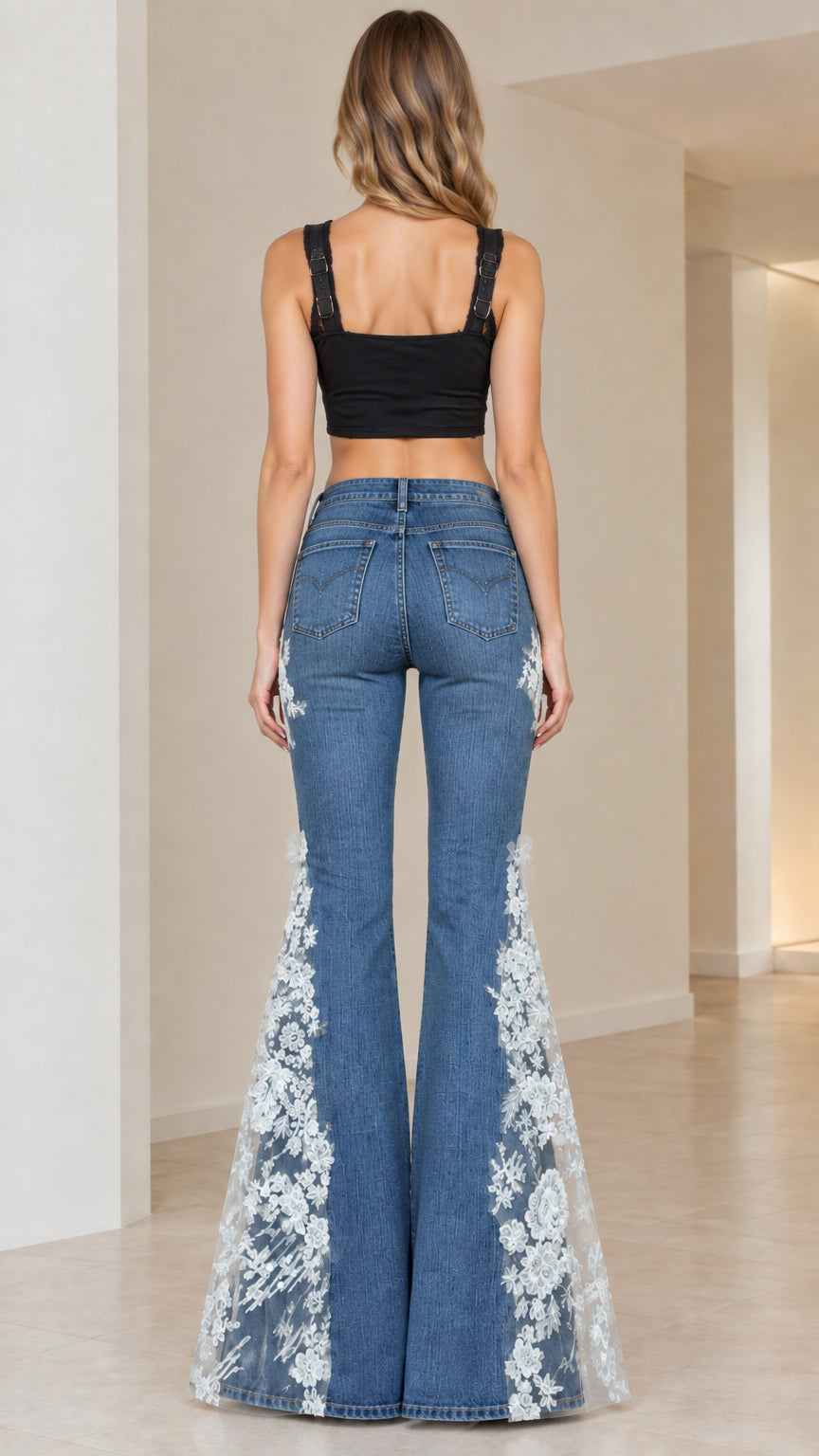 Back view of Medium Blue bell bottom jeans showing rear pockets and dramatic lace flares