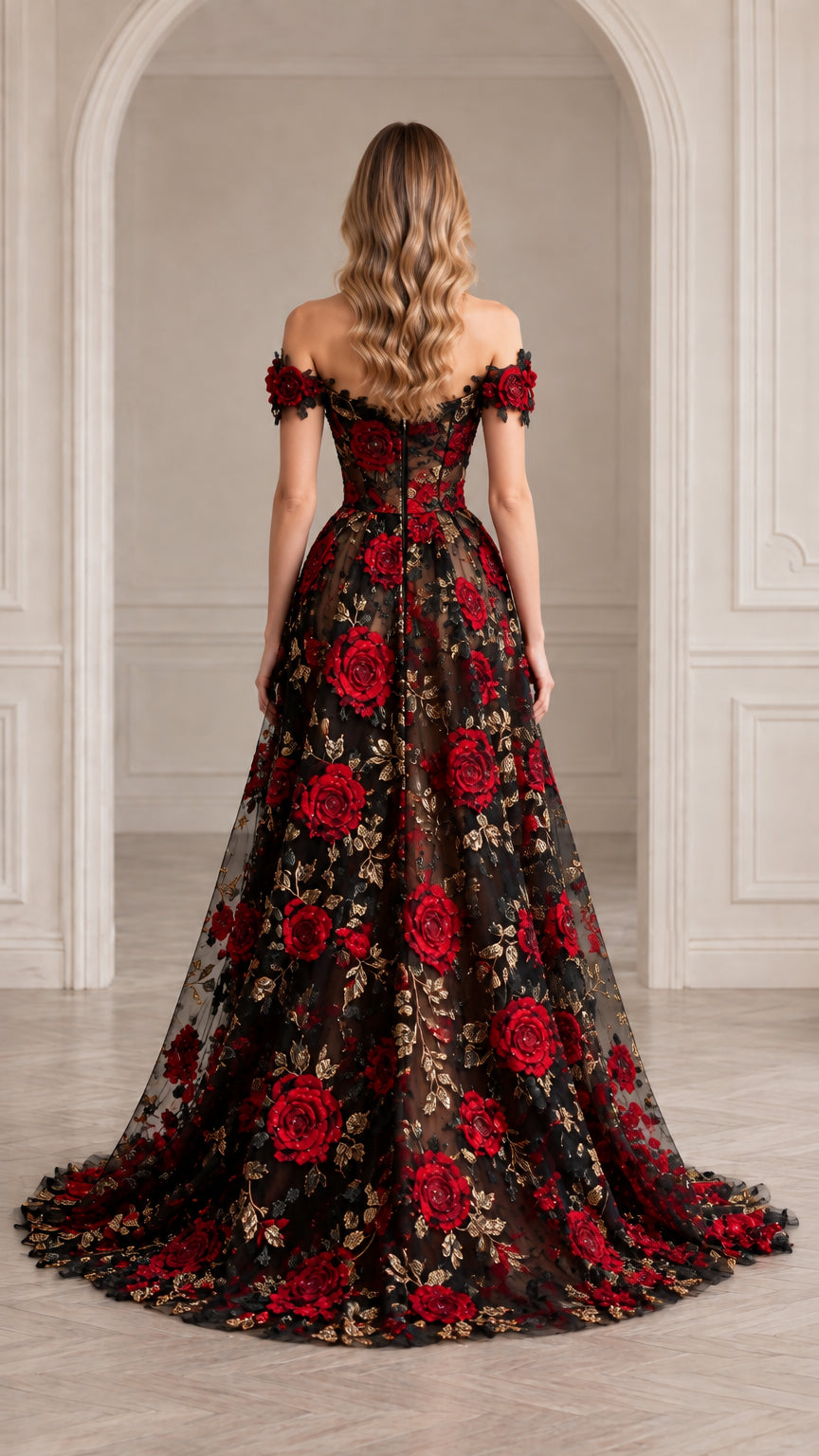 Back view of floor-length black off-shoulder formal gown with trailing train