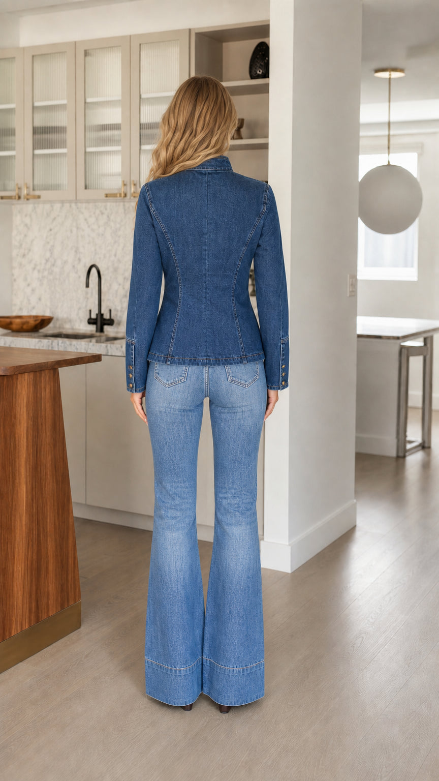 Back view of model showing contoured seamlines on blue denim jacket