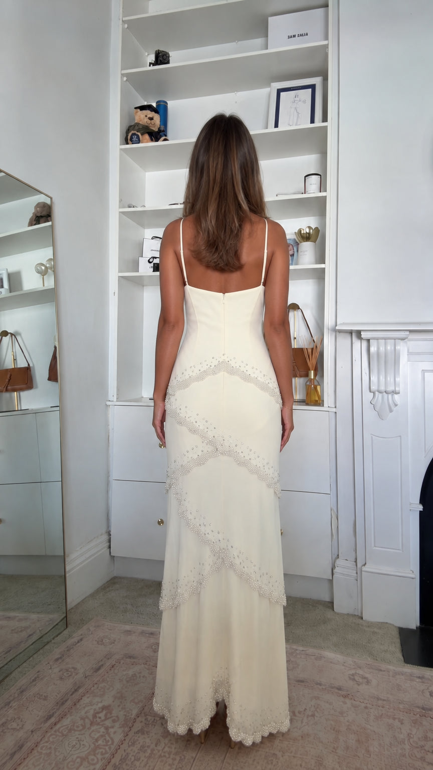 Back view of the Ivory Beaded Scalloped Tiered Maxi Slip Dress