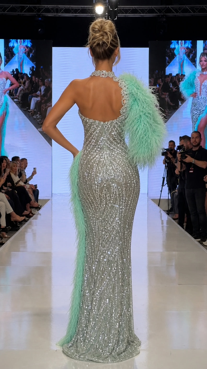 Back view of one-shoulder silver sequin gown on the runway