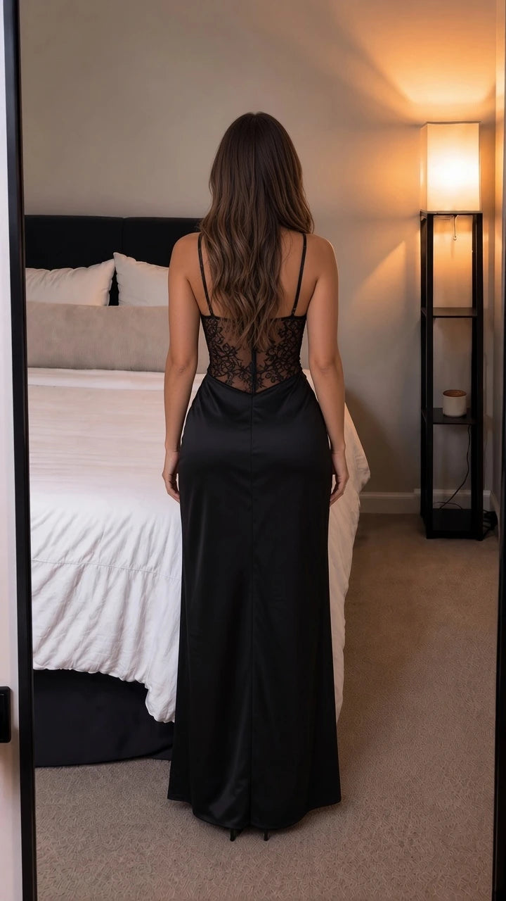 Back view of black satin maxi dress showing lace midriff detail and straps