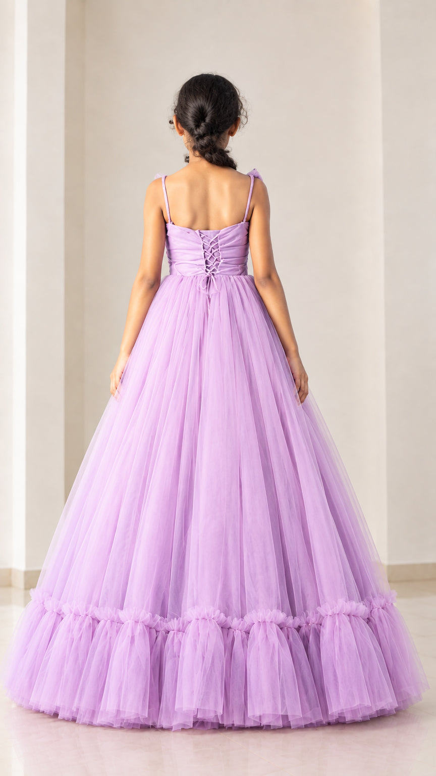 Back view of lilac tulle maxi gown showcasing the adjustable corset lace-up closure