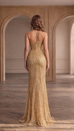 Back view of model wearing strapless gold beaded mermaid evening gown