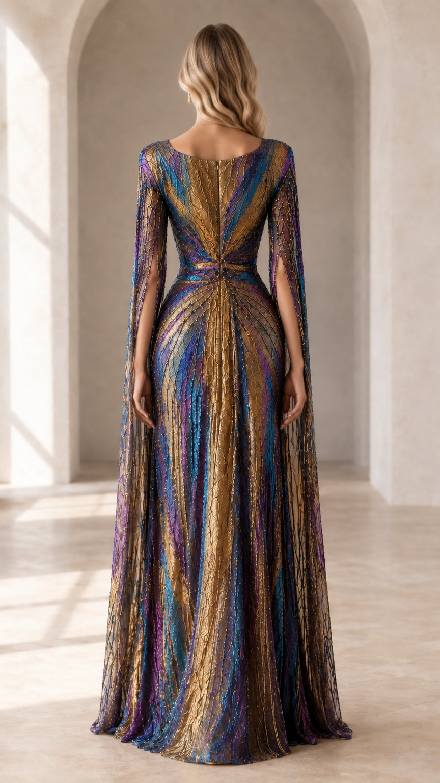 Back view of long sleeve metallic plissé formal gown showcasing full-length skirt drape
