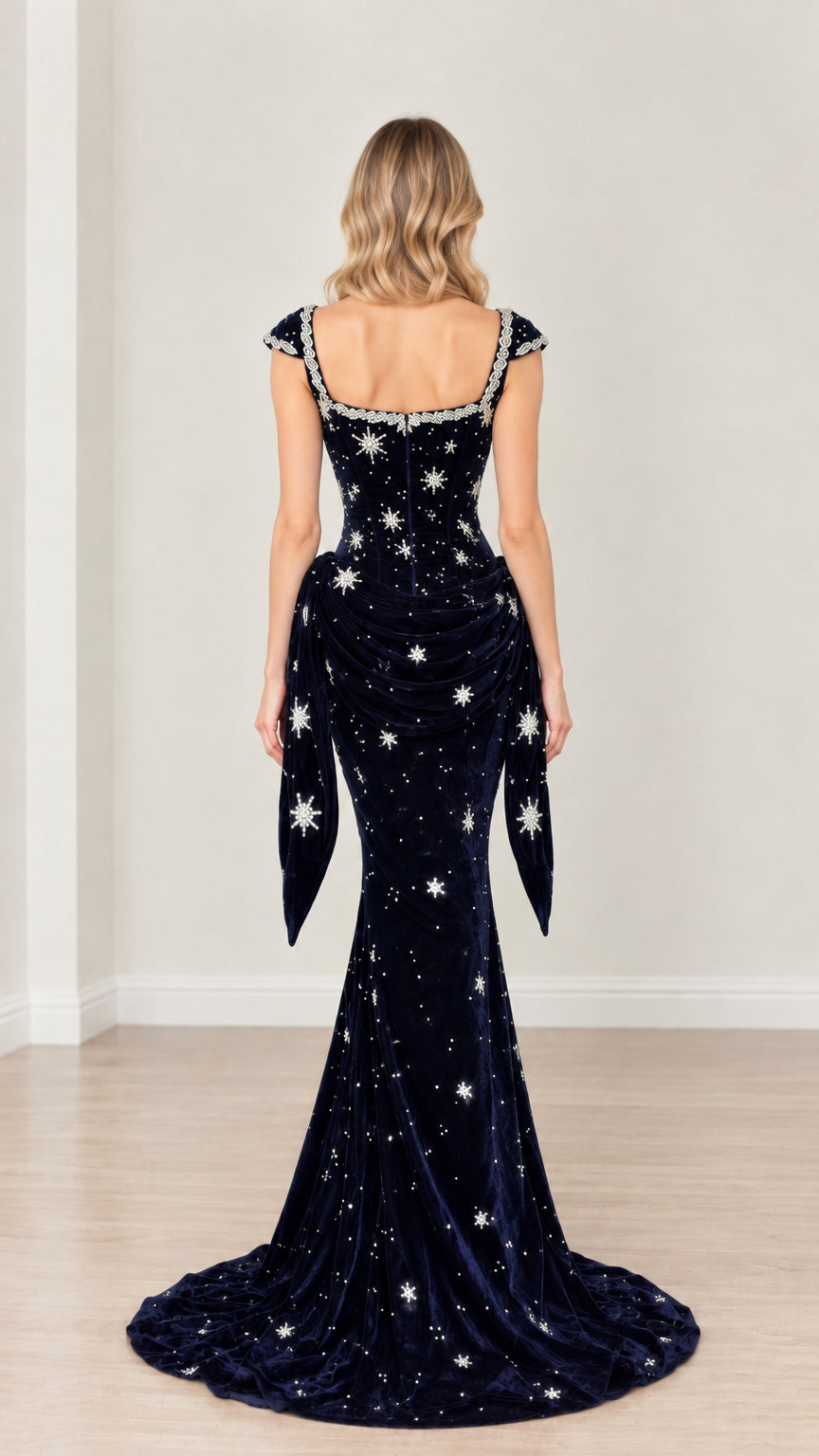 Back full-length view of navy blue star-embellished velvet evening dress highlighting back neckline and train