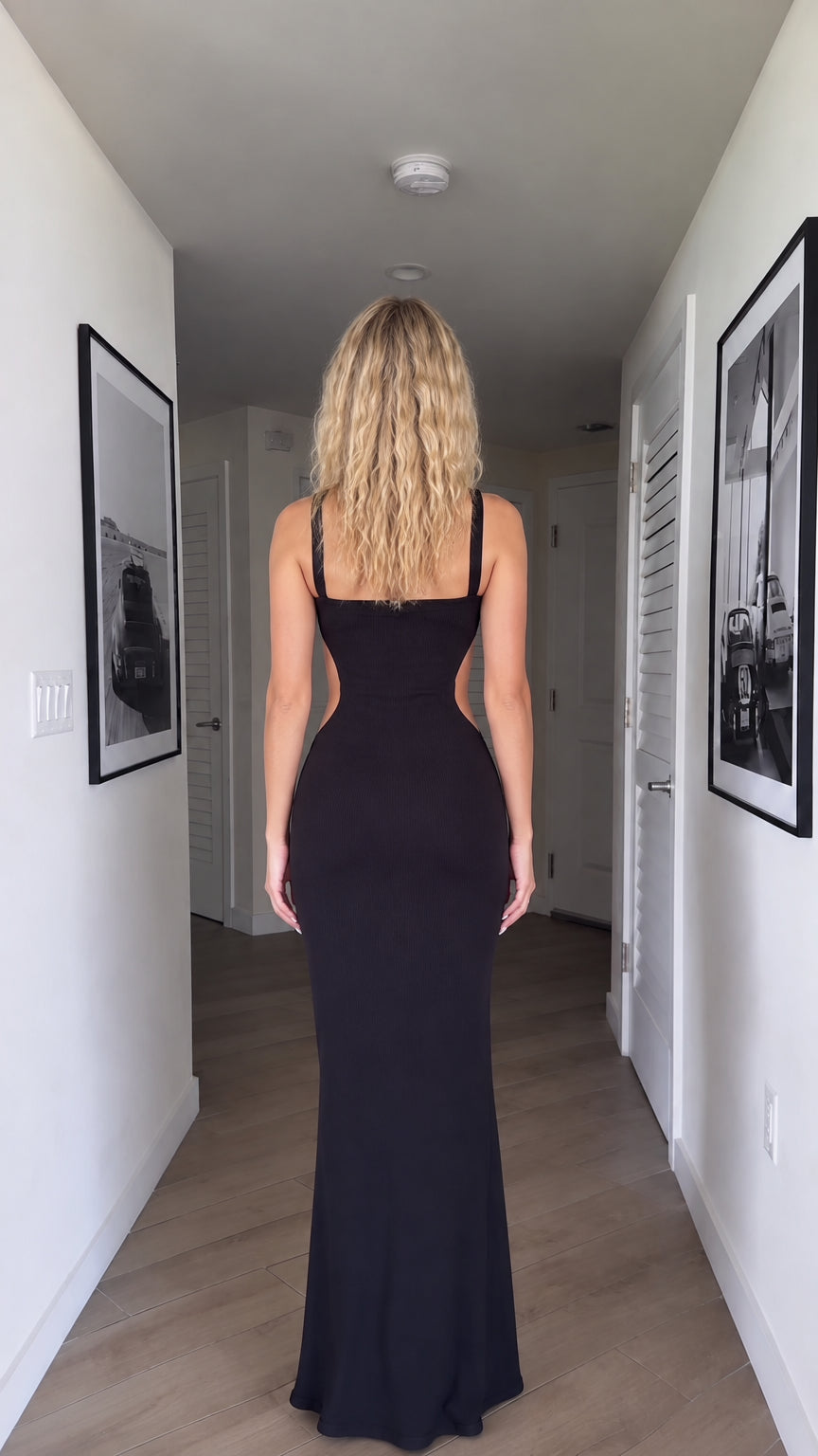 Back view of model wearing black ribbed maxi dress showcasing cutout back design