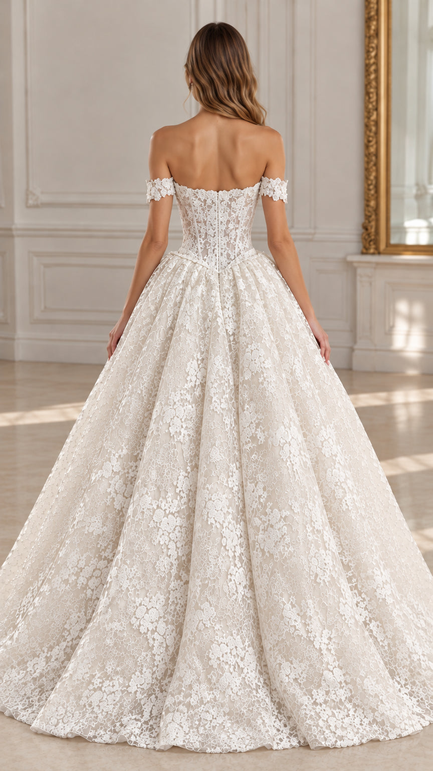Back view of ivory sweetheart lace corset ballgown with sweeping skirt