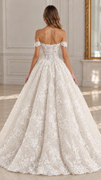 Back view of ivory sweetheart lace corset ballgown with sweeping skirt