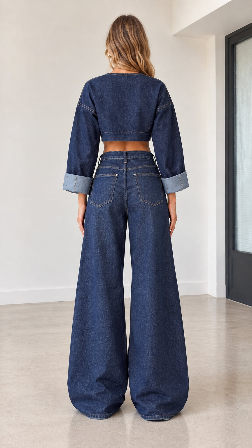 Back full-length view of model showcasing high-waisted wide-leg denim trousers and cropped jacket