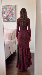 Burgundy long sleeve floor-length ruffle hem dress back view