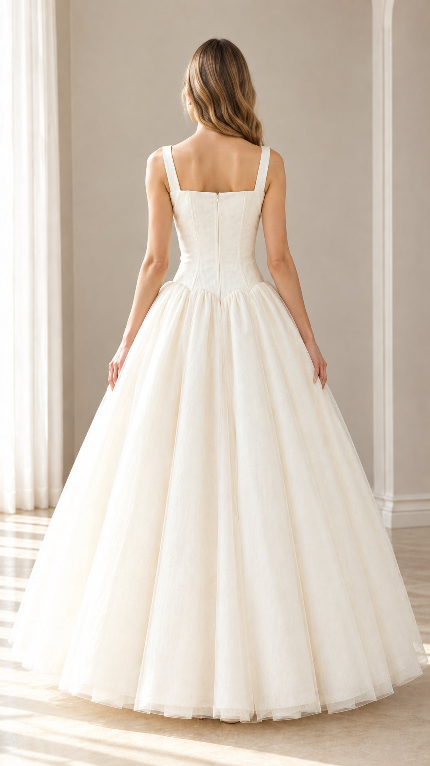 Back full-length view of the ivory wide-strap tulle ballgown dress