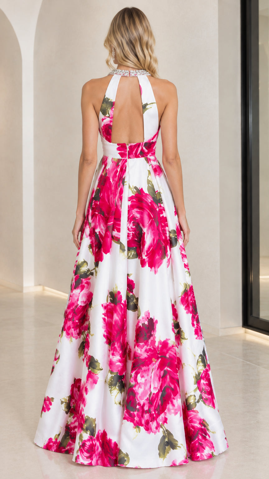 Back view of white floral halter maxi gown showcasing open back cutout