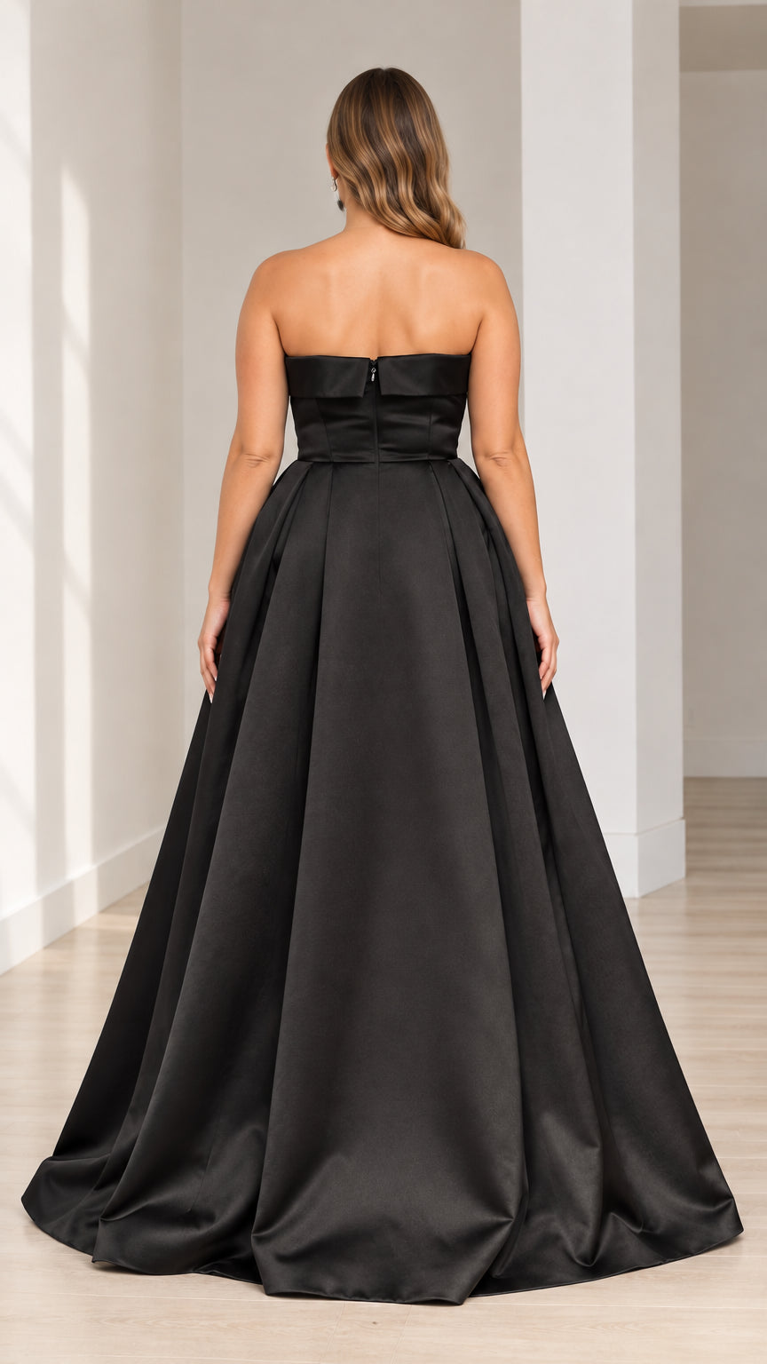 Back view of black strapless satin maxi dress with straight backline