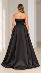 Back view of black strapless satin maxi dress with straight backline