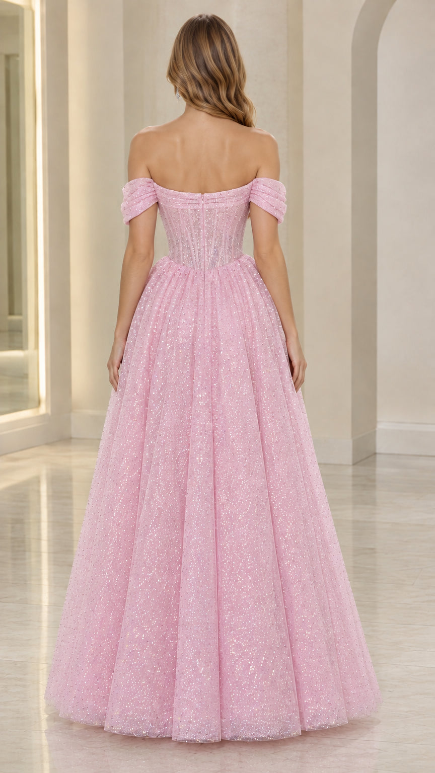 Back view of woman wearing pink off-the-shoulder glitter evening dress with fitted back