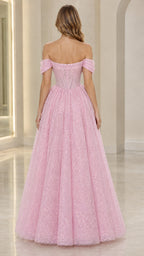 Back view of woman wearing pink off-the-shoulder glitter evening dress with fitted back